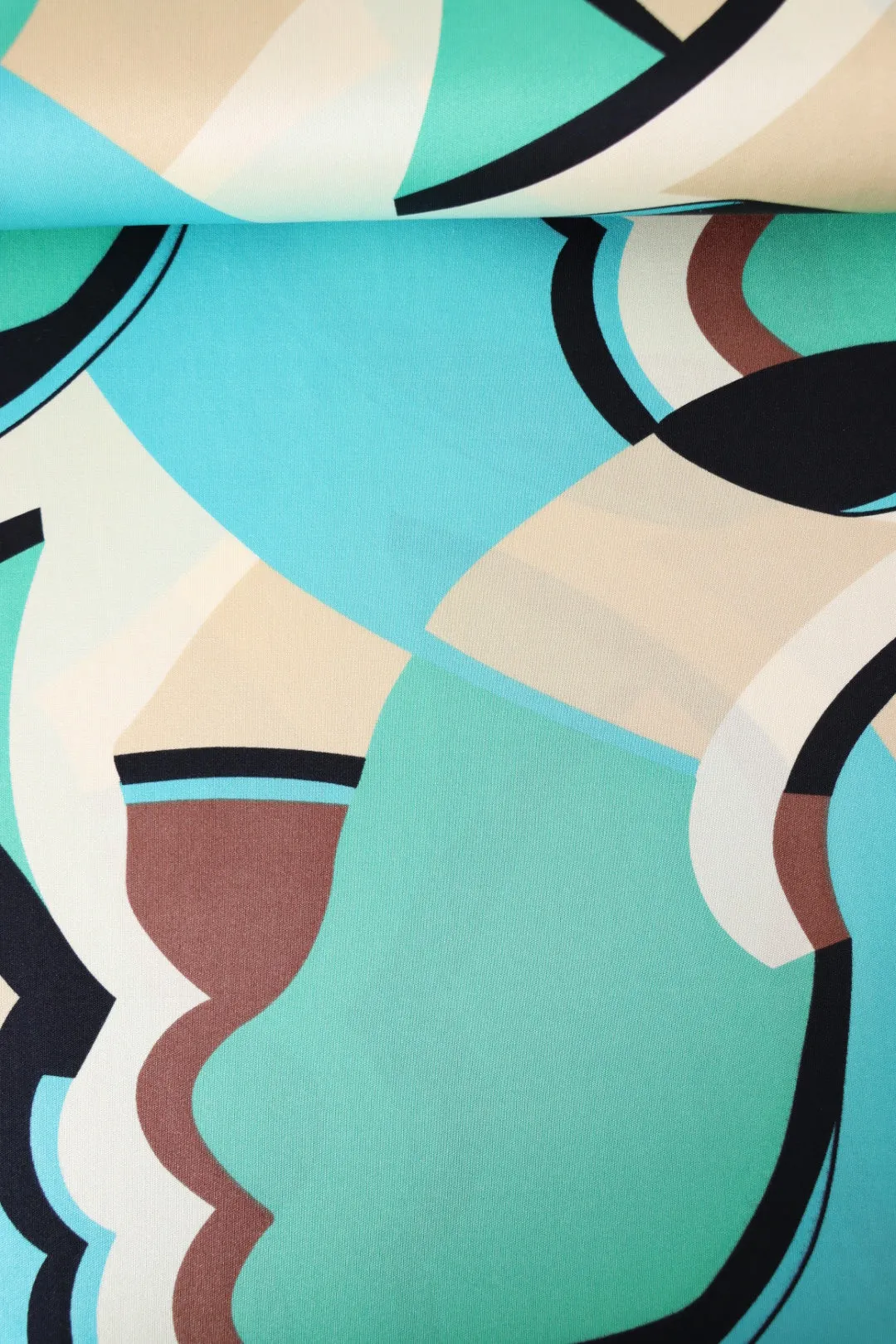 1YD 10IN REMNANT; Mint/Aqua/Cream Abstract Art 100% Silk Jersey