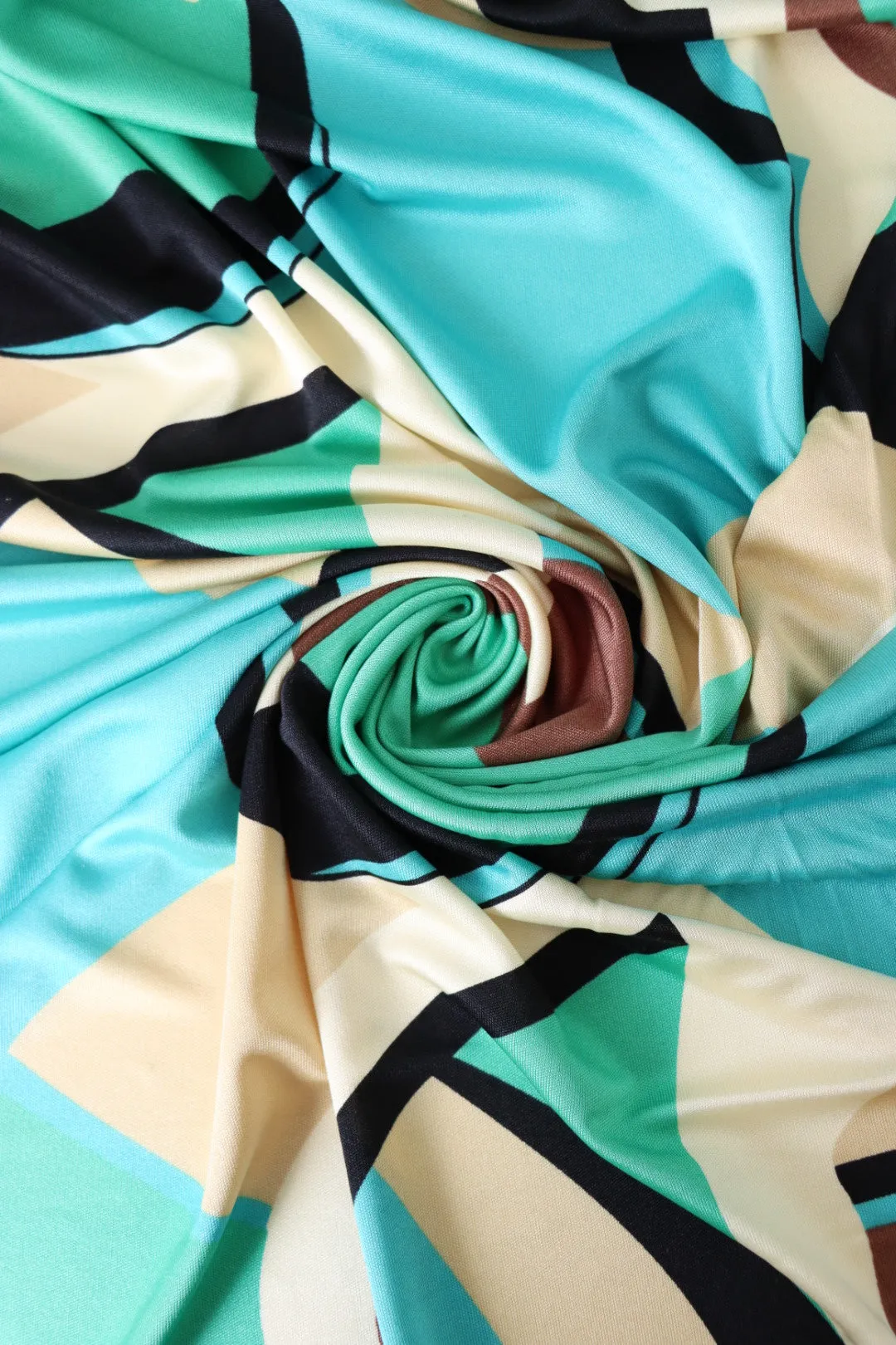 1YD 10IN REMNANT; Mint/Aqua/Cream Abstract Art 100% Silk Jersey