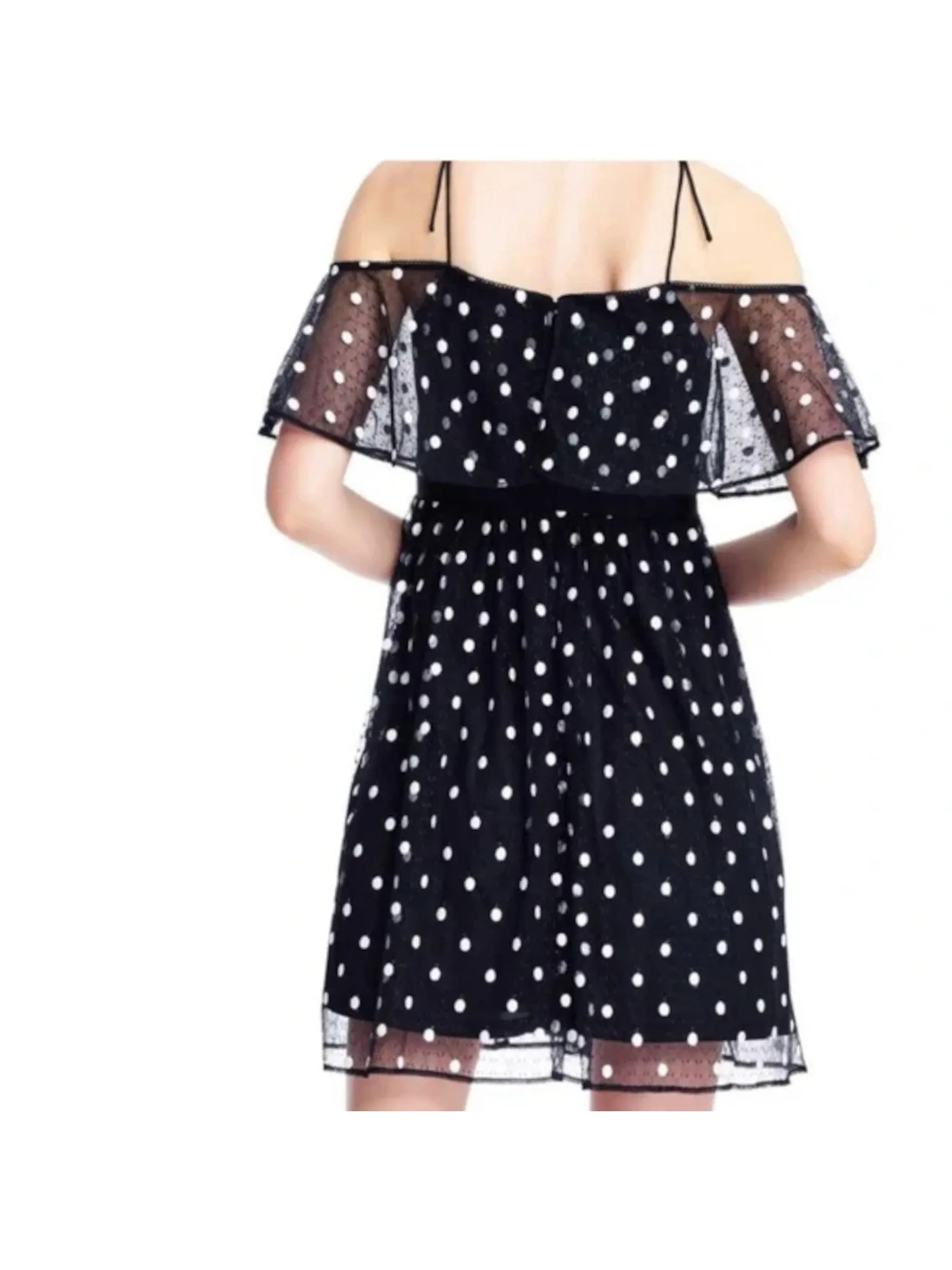 ADRIANNA PAPELL Womens Black Tie Sheer Polka Dot Short Sleeve Off Shoulder Knee Length Party Dress