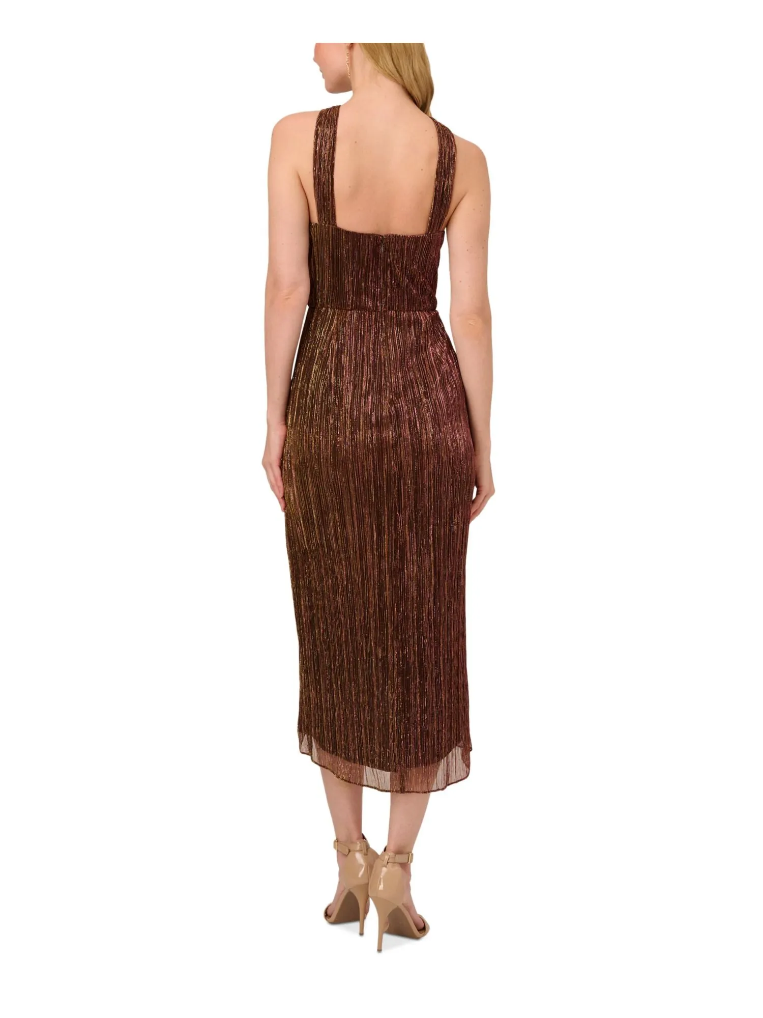 ADRIANNA PAPELL Womens Brown Metallic Zippered Crinkle-pleated Lined Keyhole Pinstripe Sleeveless Halter Tea-Length Evening Sheath Dress