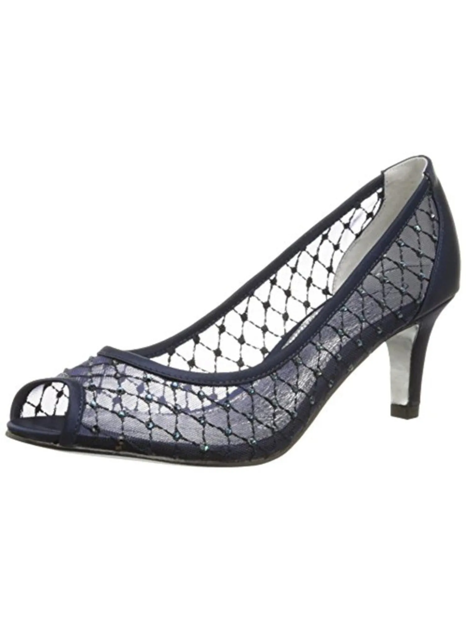 ADRIANNA PAPELL Womens Navy Rhinestone Padded Jamie Peep Toe Kitten Heel Slip On Dress Pumps Shoes W