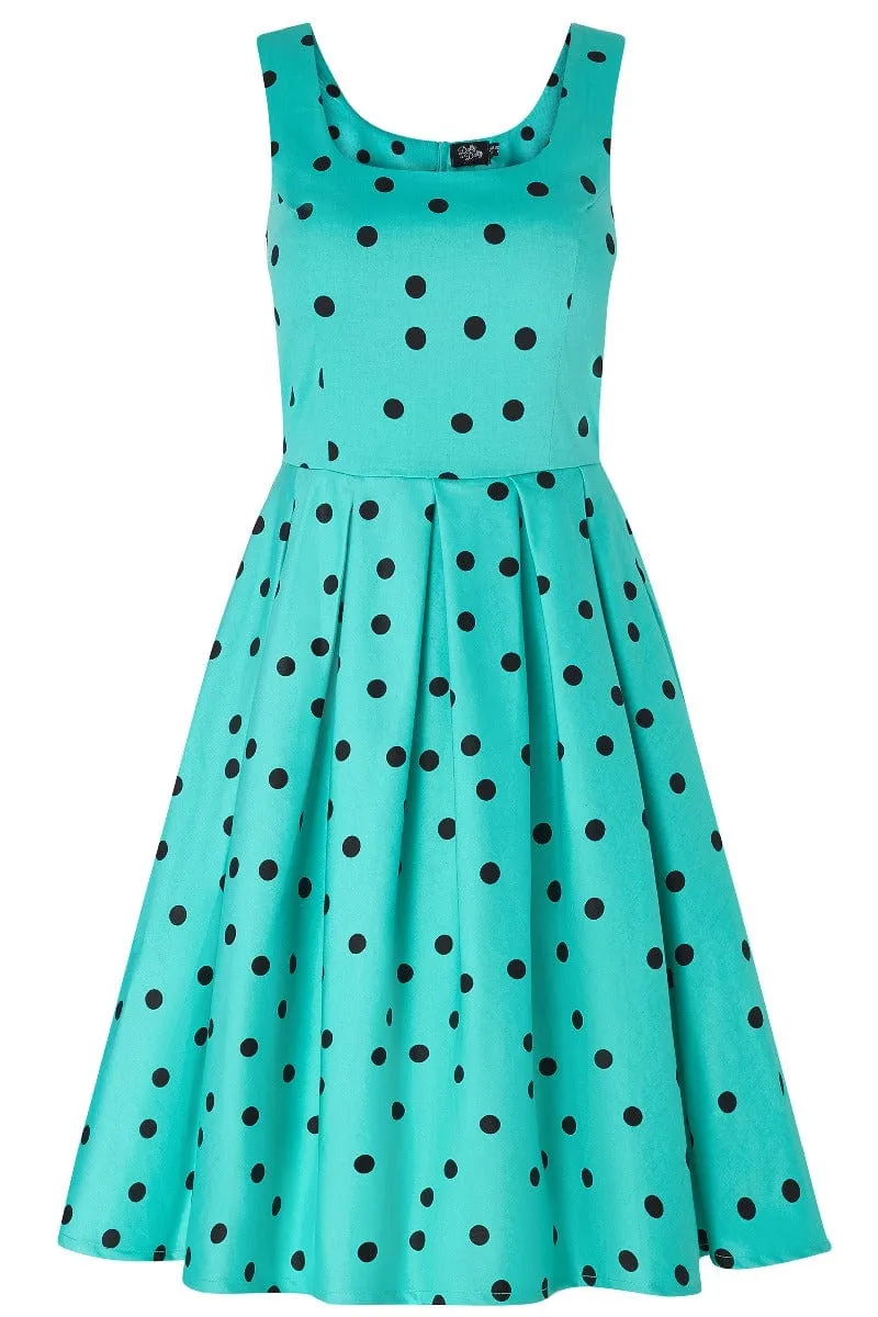 Amanda Scoop Neck Polka Dot Swing Dress in Turquoise-Black