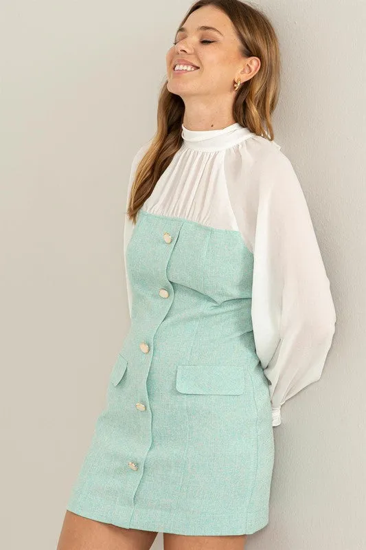 Aqua Sheer Elegance Tie-Back Mixed Media Dress