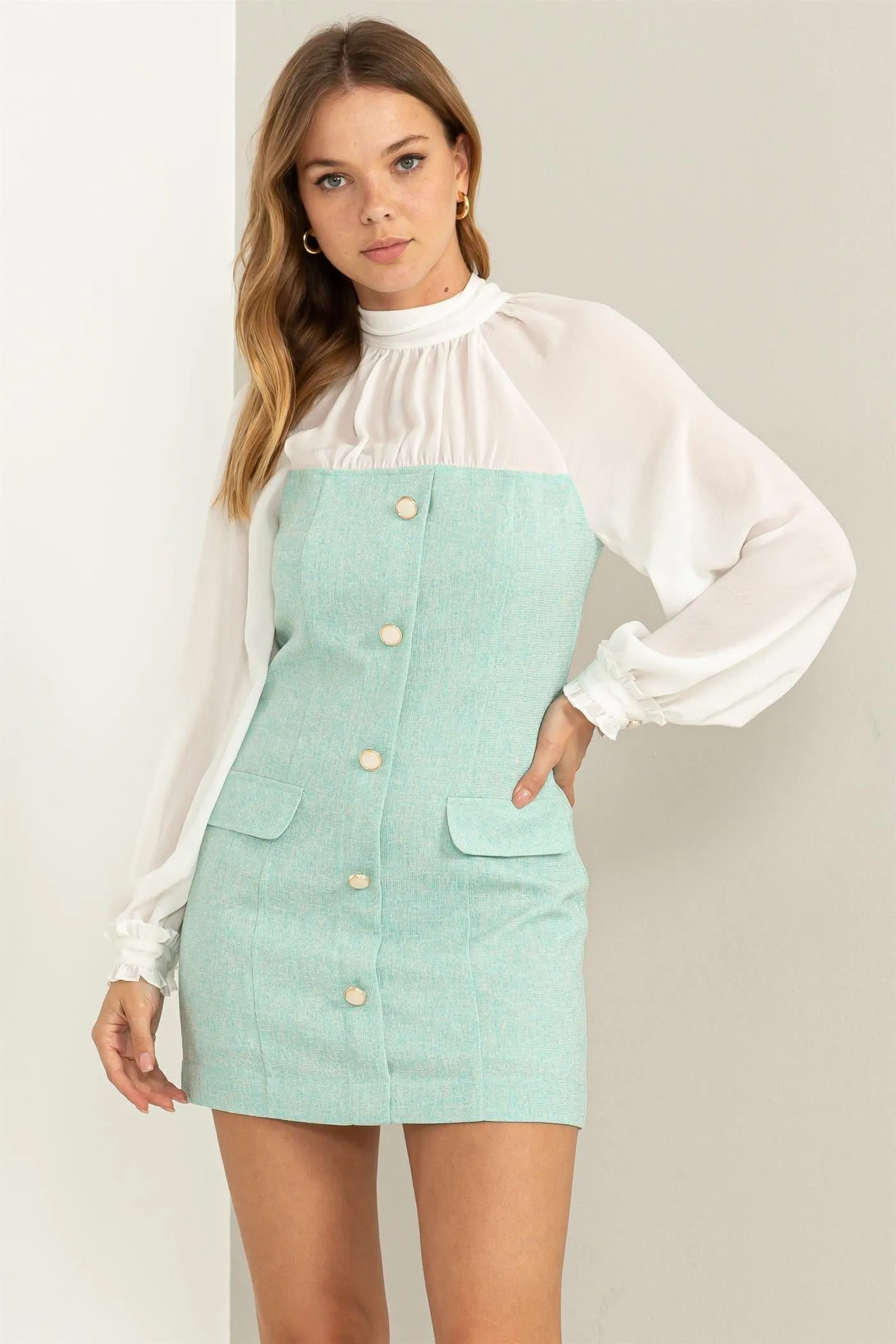 Aqua Sheer Elegance Tie-Back Mixed Media Dress