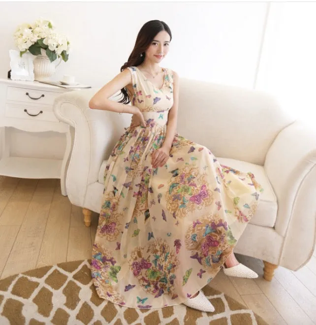 Beautiful Scoop Sleeveless Print Long Pleated Chiffon Dress
