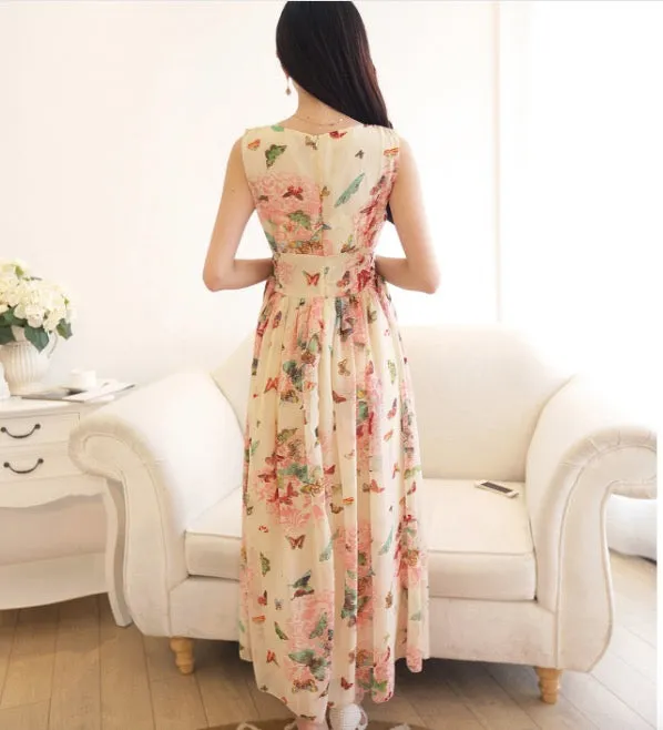 Beautiful Scoop Sleeveless Print Long Pleated Chiffon Dress