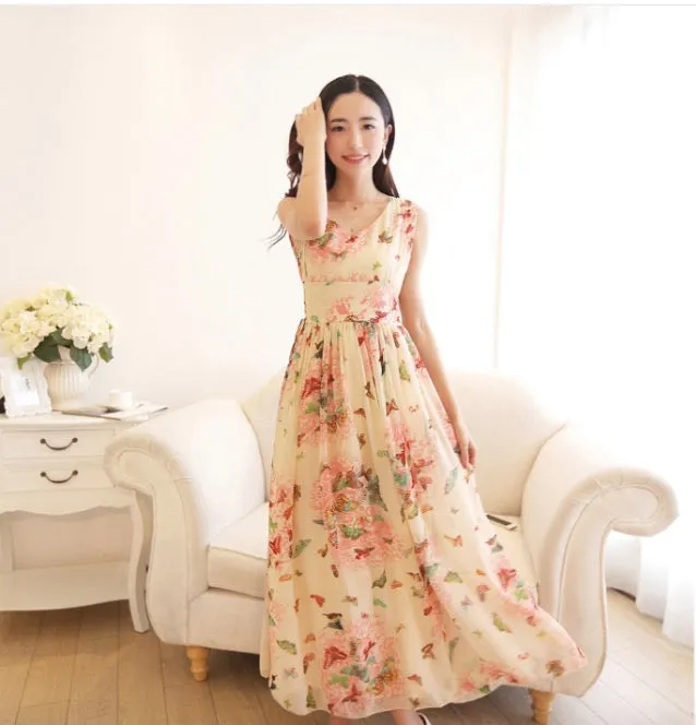 Beautiful Scoop Sleeveless Print Long Pleated Chiffon Dress