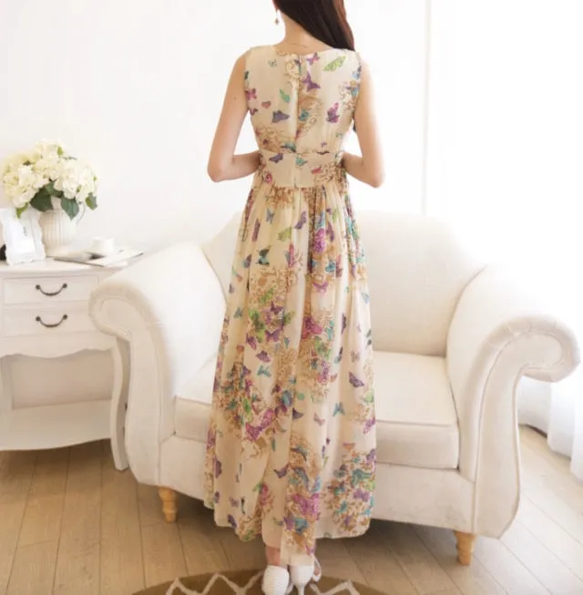 Beautiful Scoop Sleeveless Print Long Pleated Chiffon Dress