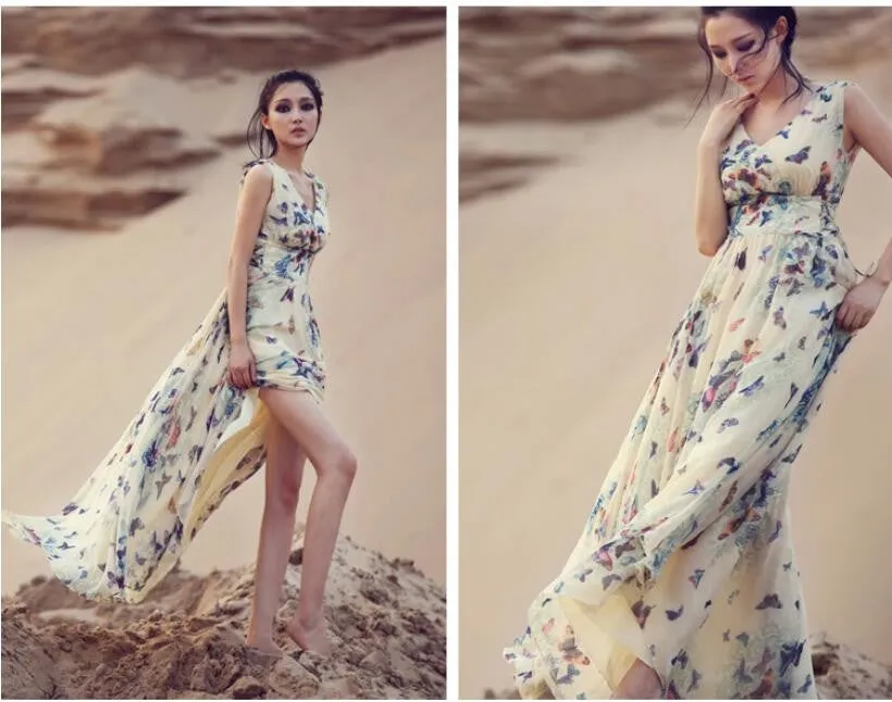 Beautiful Scoop Sleeveless Print Long Pleated Chiffon Dress
