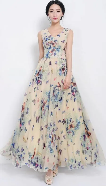 Beautiful Scoop Sleeveless Print Long Pleated Chiffon Dress