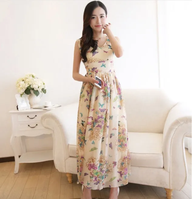Beautiful Scoop Sleeveless Print Long Pleated Chiffon Dress