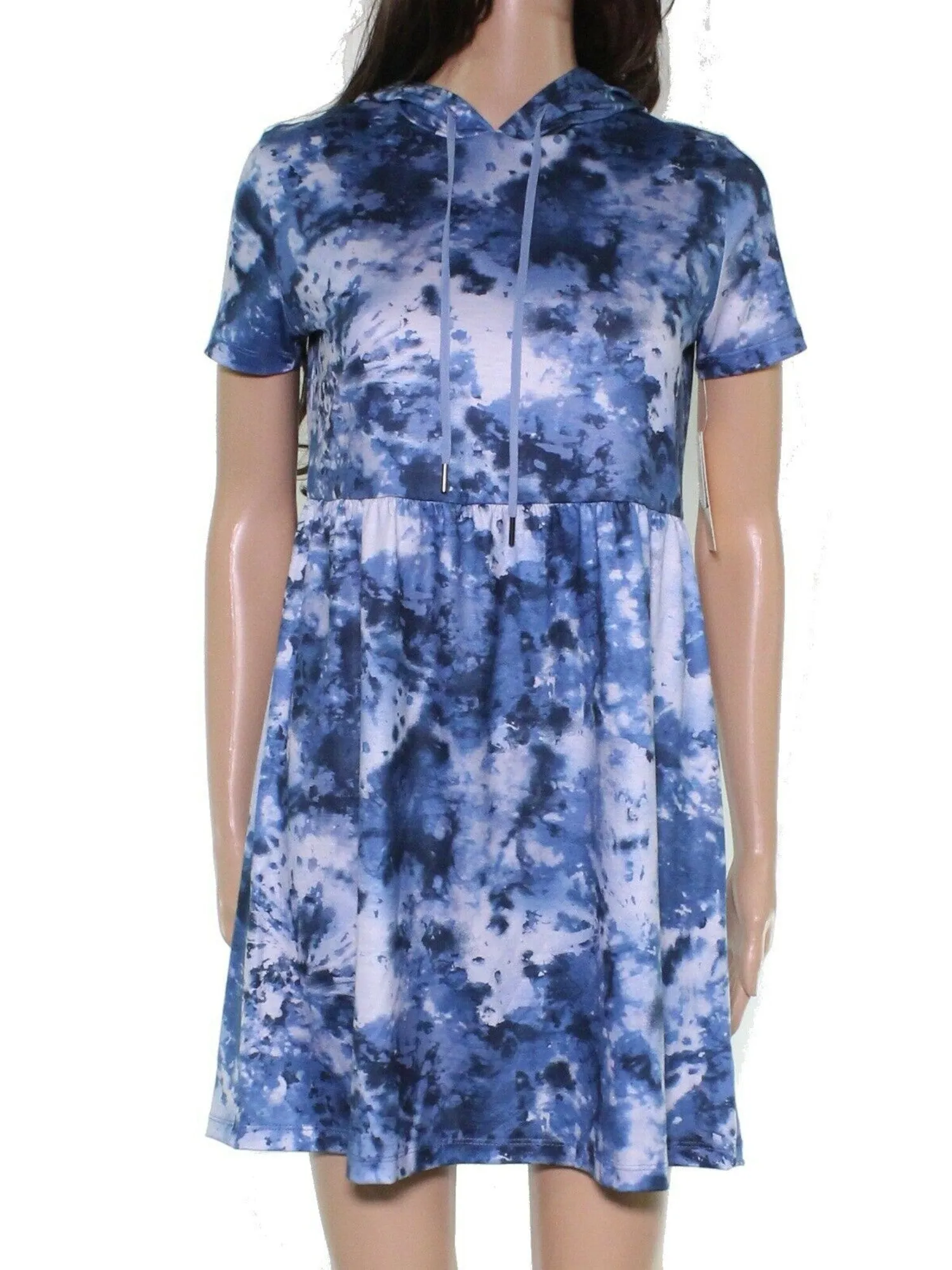 BEBOP Womens Blue Stretch Tie Dye Short Sleeve Crew Neck Above The Knee Fit   Flare Dress