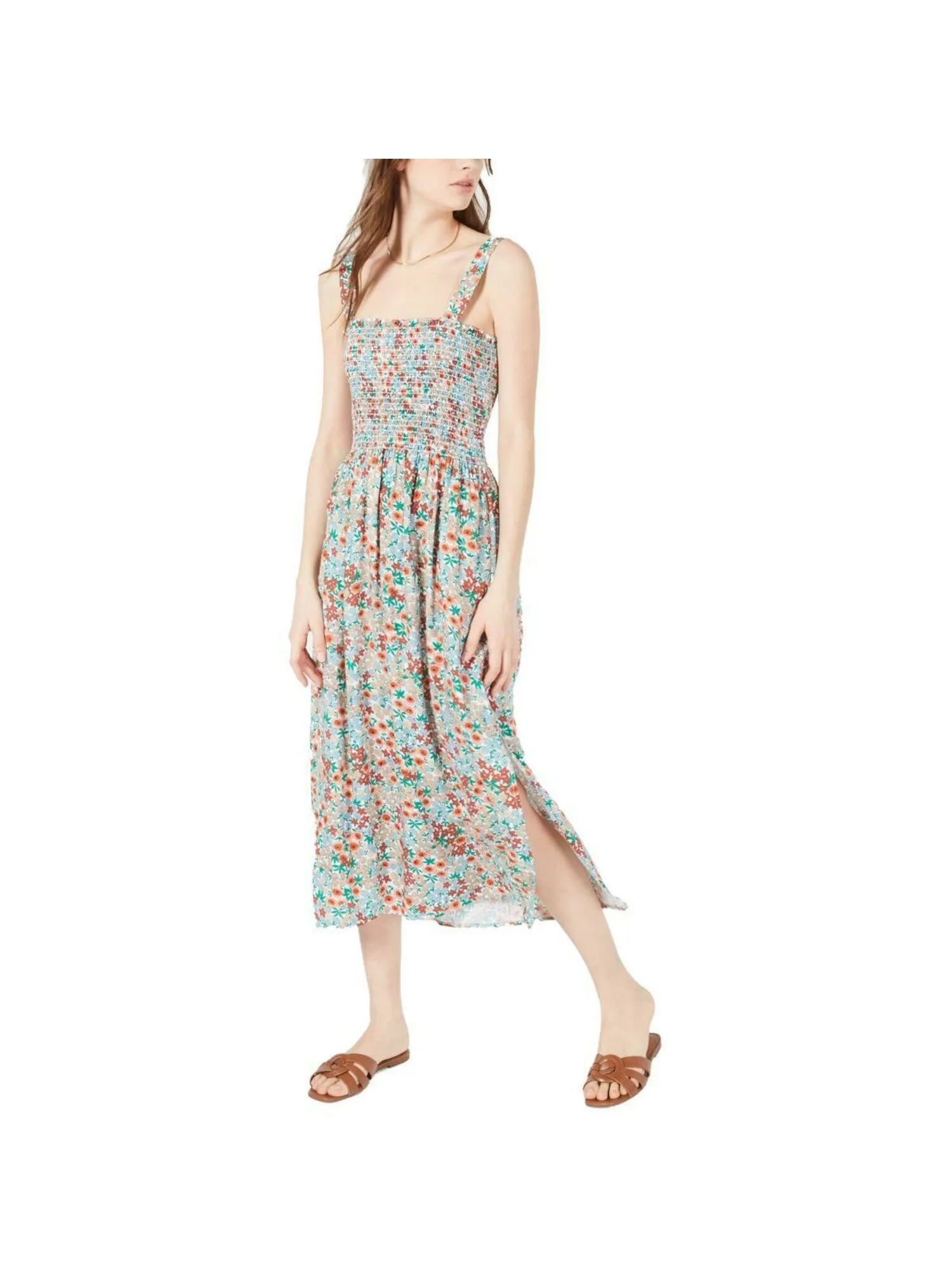 BEBOP Womens Orange Floral Sleeveless Square Neck Tea-Length Sheath Dress