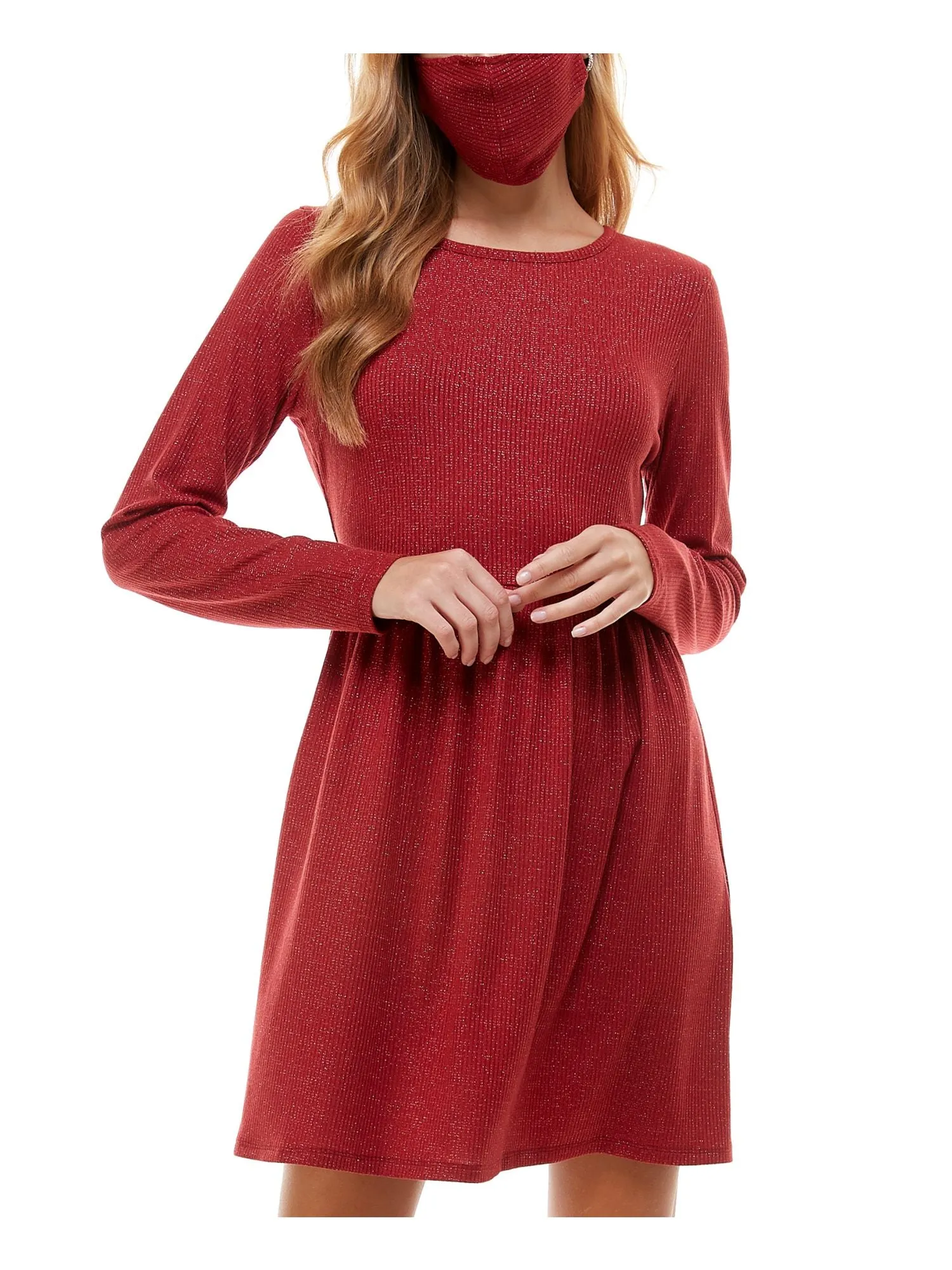 BEBOP Womens Ribbed Long Sleeve Jewel Neck Short Party Baby Doll Dress