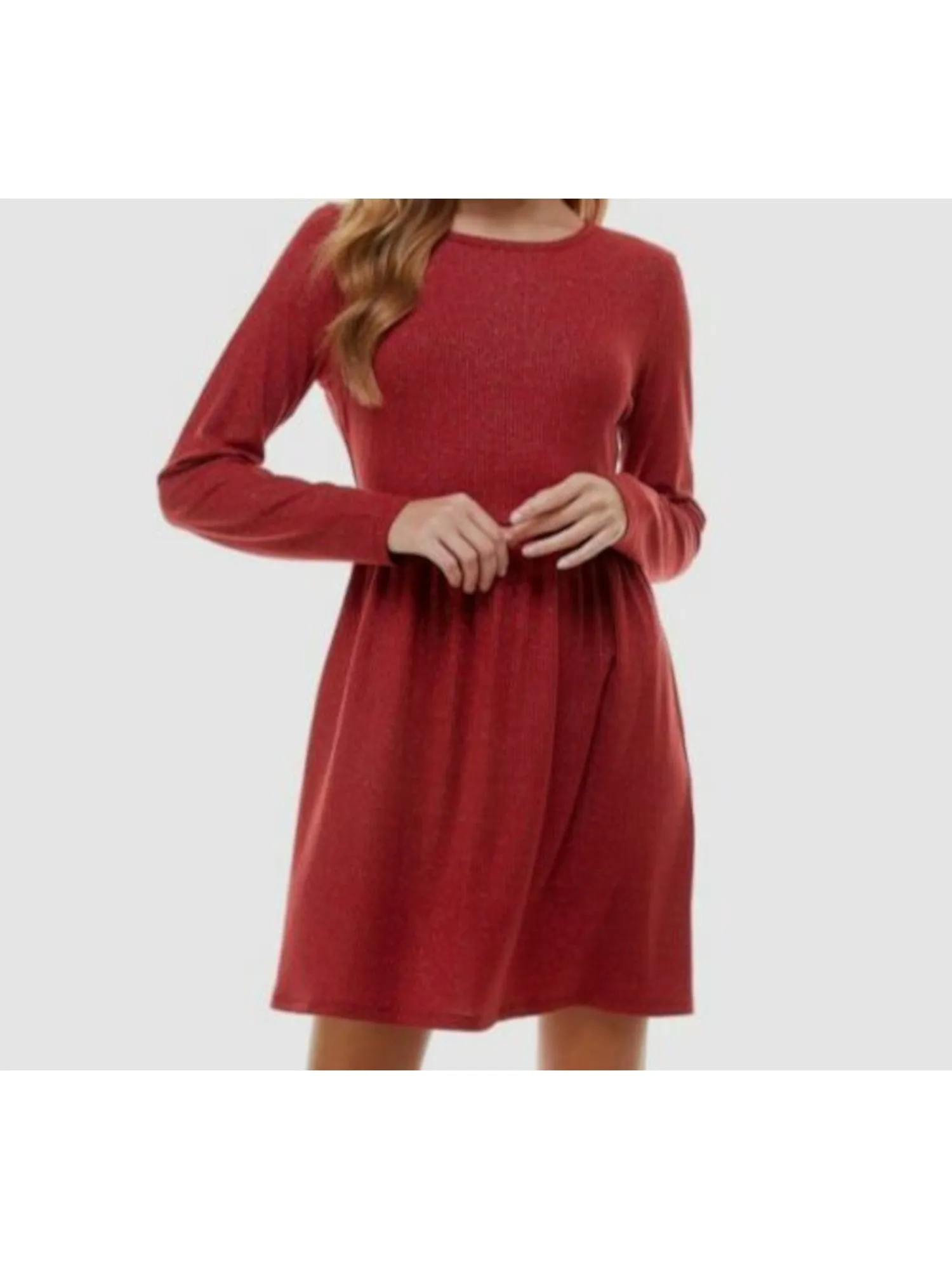 BEBOP Womens Ribbed Long Sleeve Jewel Neck Short Party Baby Doll Dress