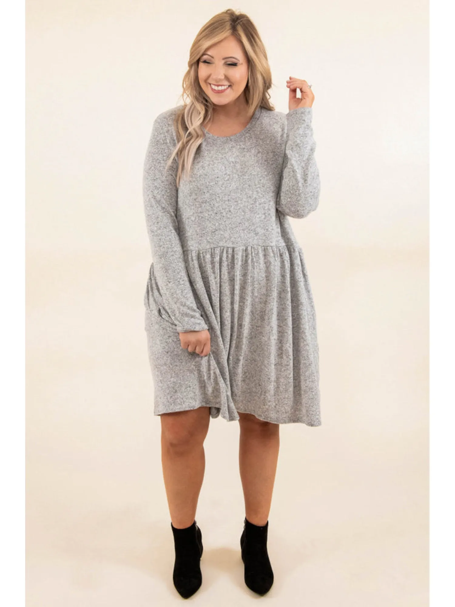BEBOP Womens Ribbed Long Sleeve Jewel Neck Short Party Baby Doll Dress