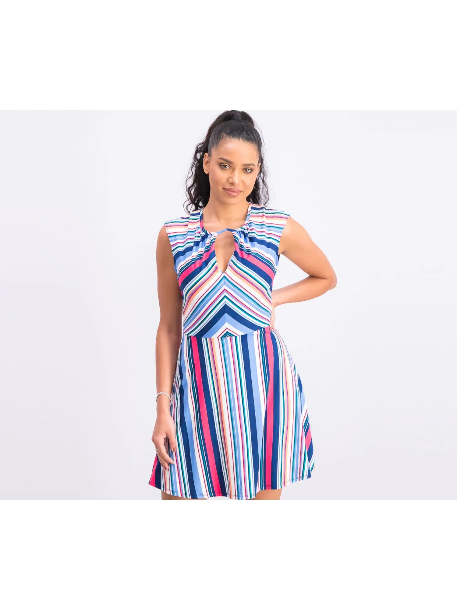 BEBOP Womens Striped Sleeveless Keyhole Mini A-Line Dress