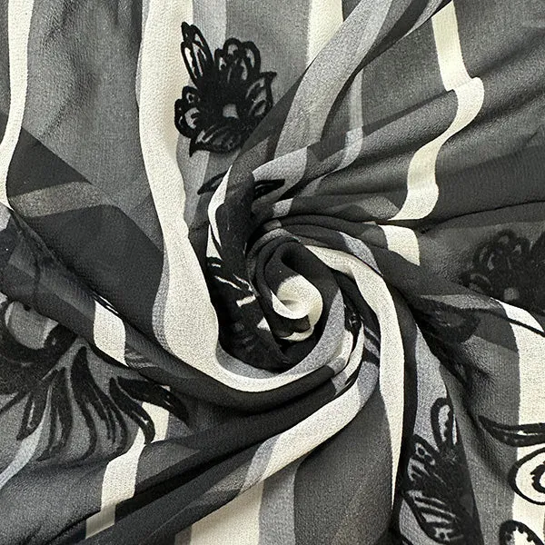 Black Flocked Floral Burnout Stripe Print High Crepe Fabric