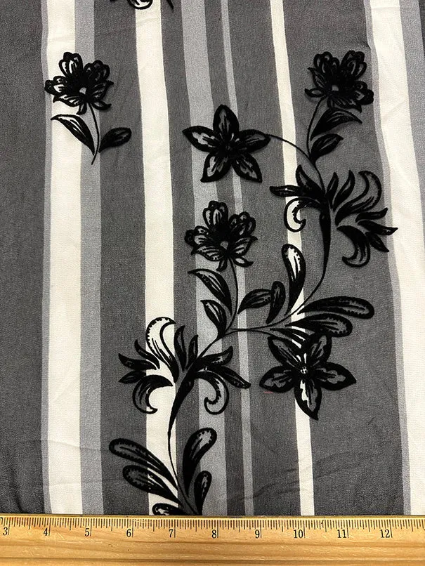 Black Flocked Floral Burnout Stripe Print High Crepe Fabric