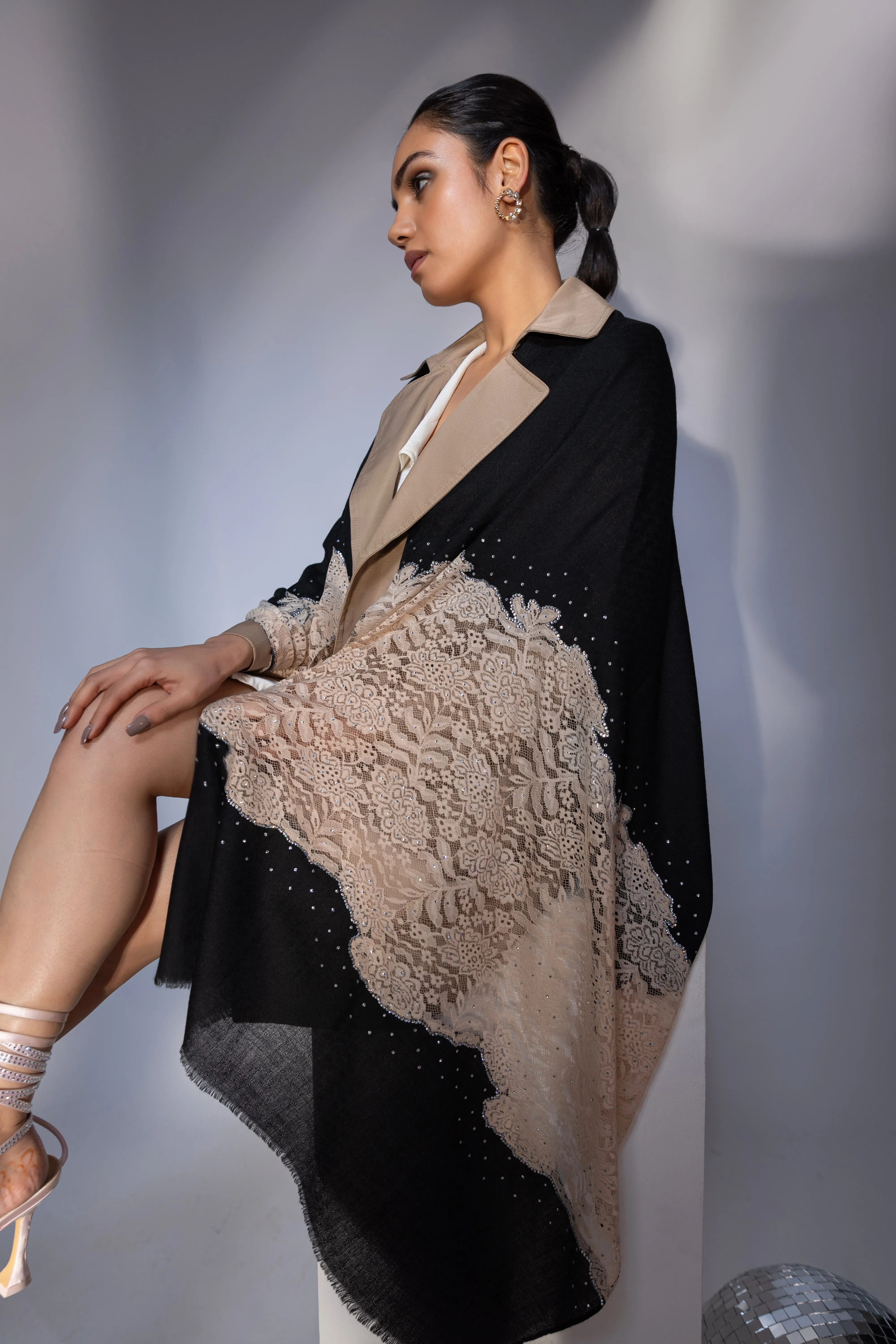 Black Shawl for dress, ideal party shawl with lace and swarovski