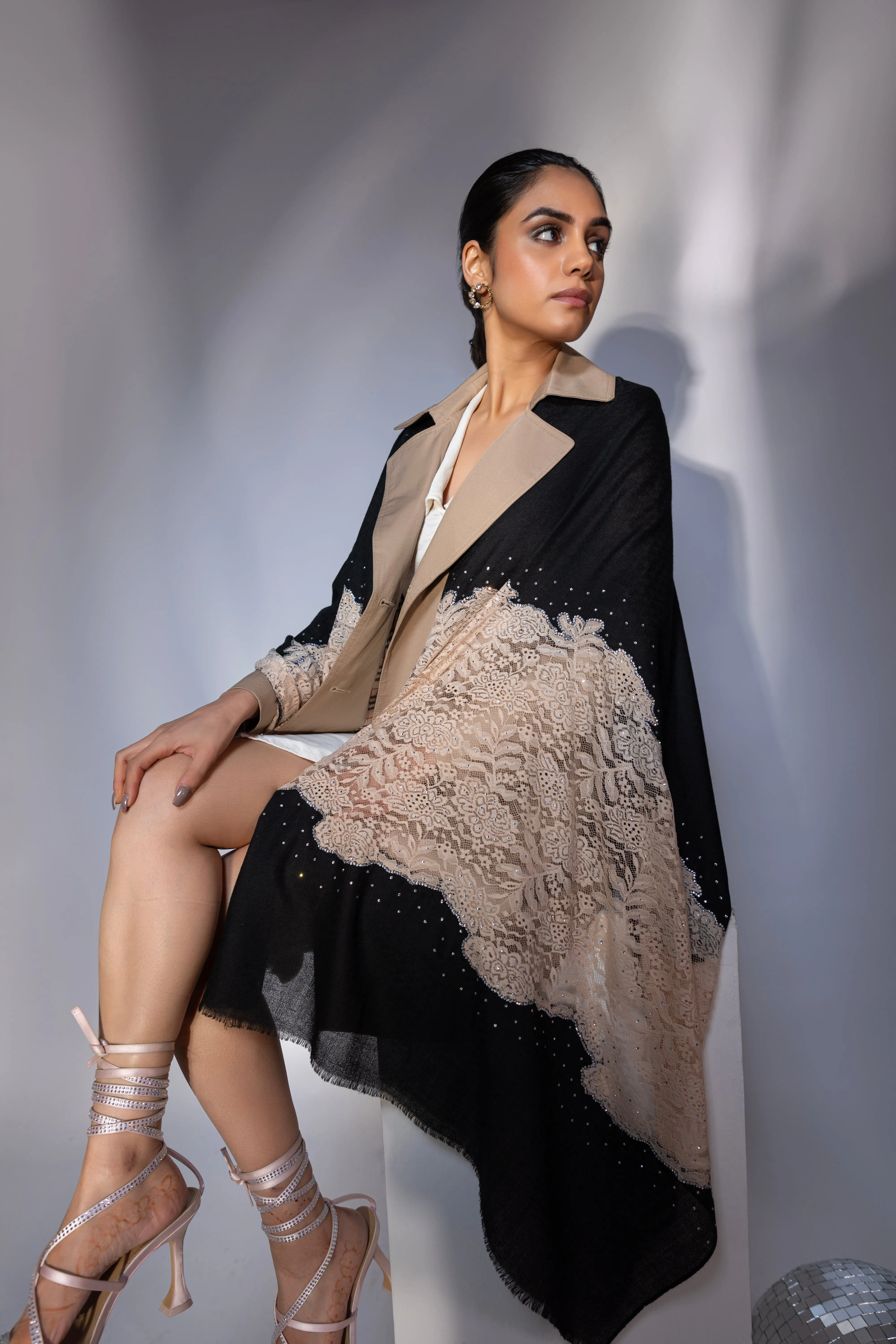 Black Shawl for dress, ideal party shawl with lace and swarovski