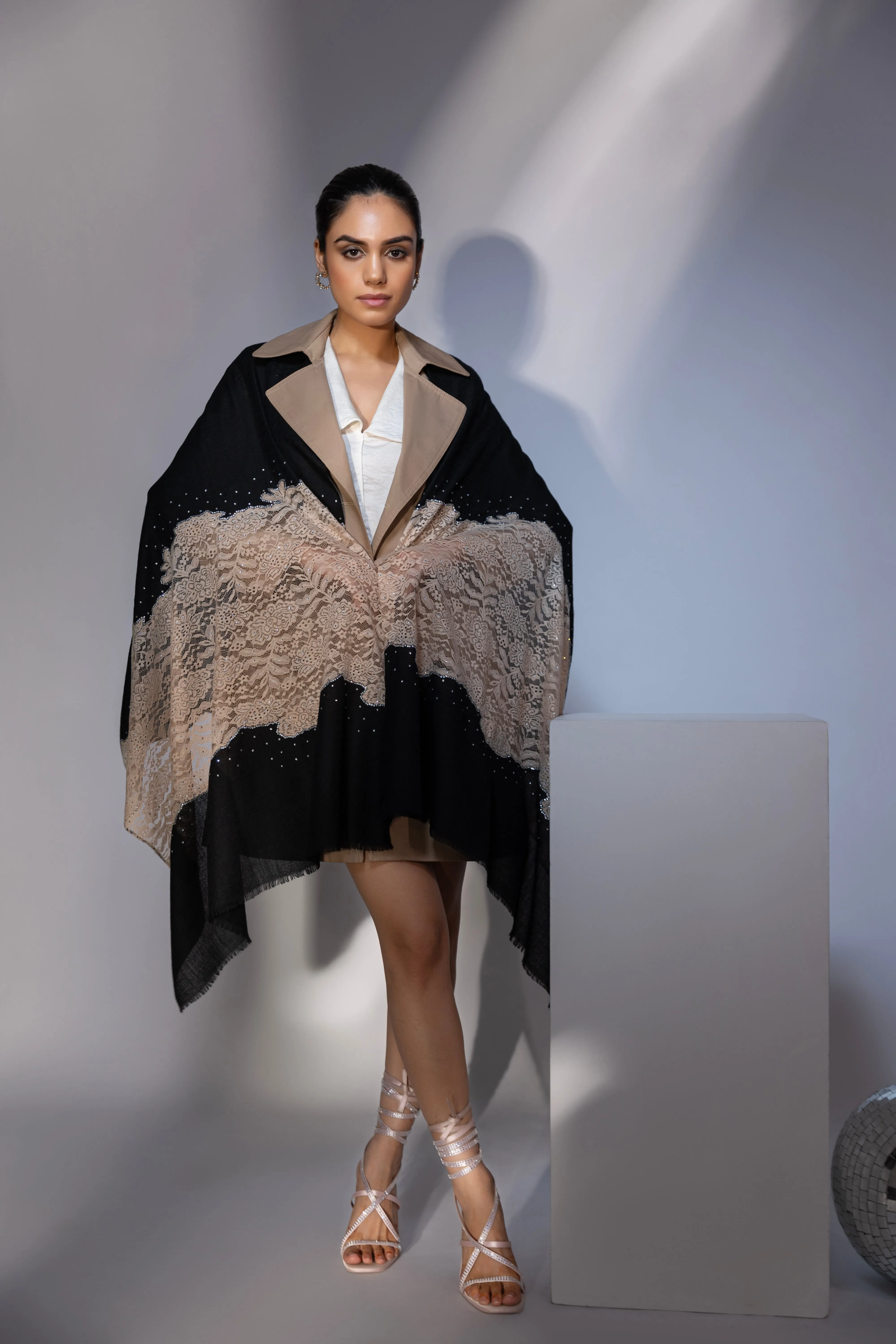 Black Shawl for dress, ideal party shawl with lace and swarovski