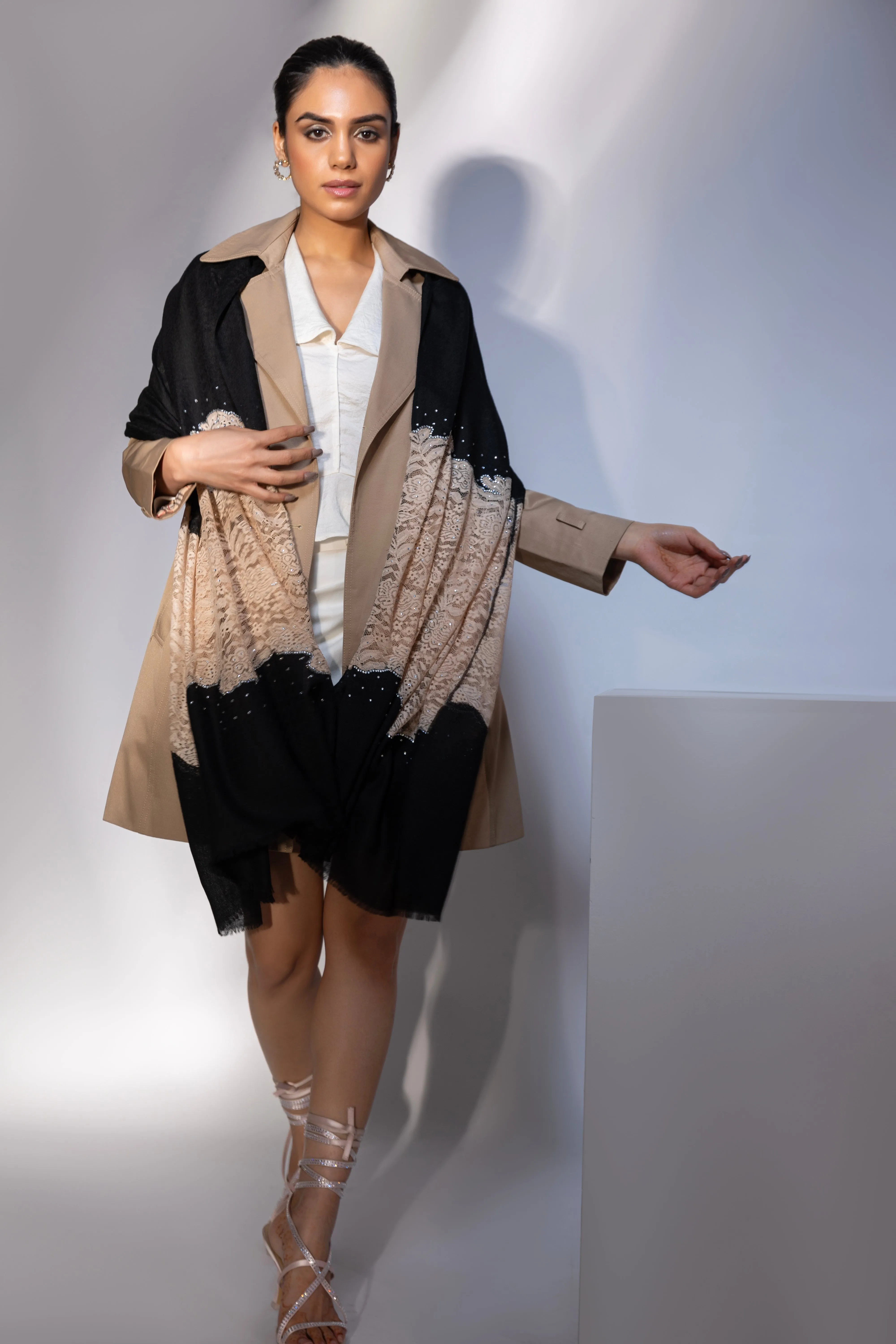 Black Shawl for dress, ideal party shawl with lace and swarovski