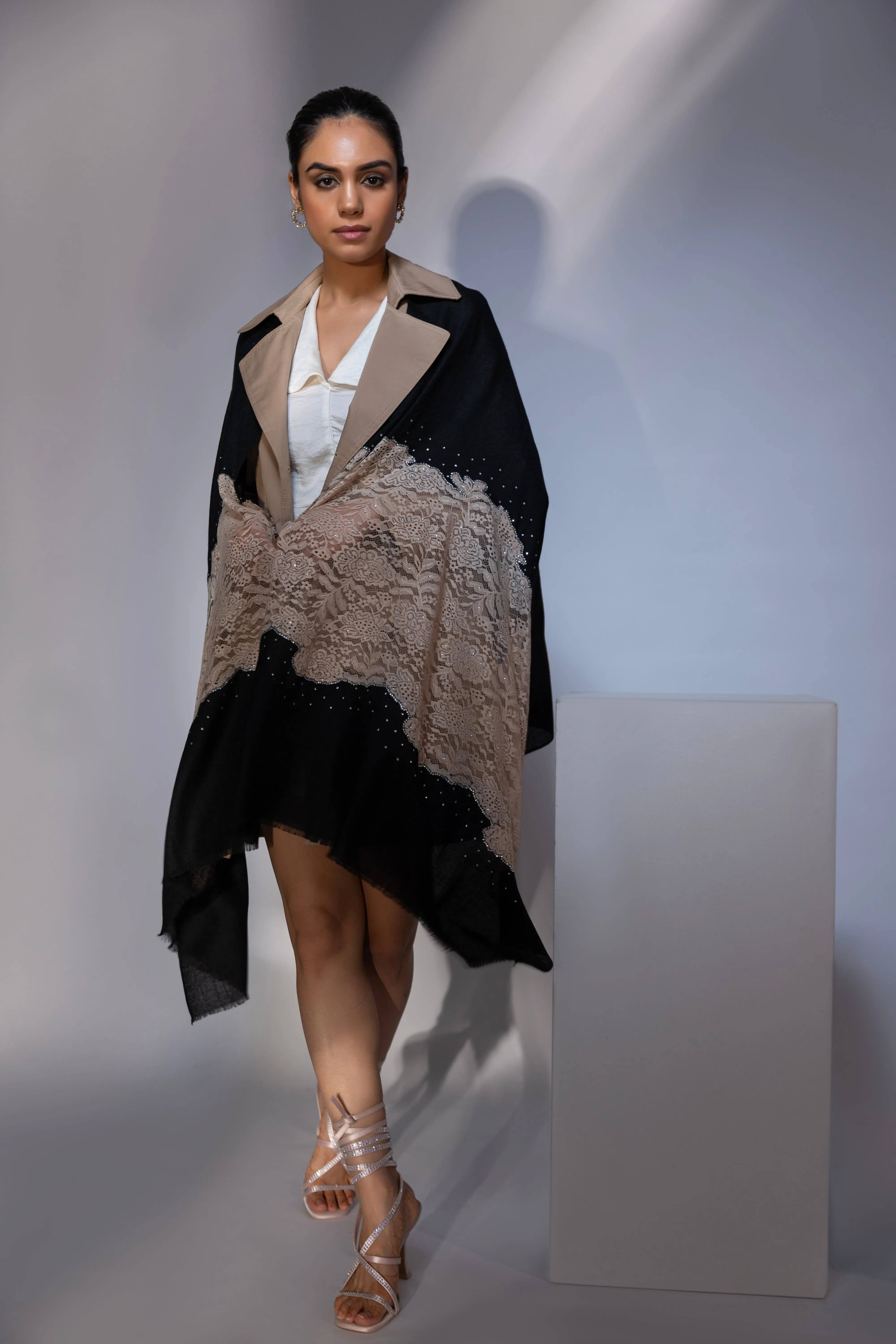 Black Shawl for dress, ideal party shawl with lace and swarovski