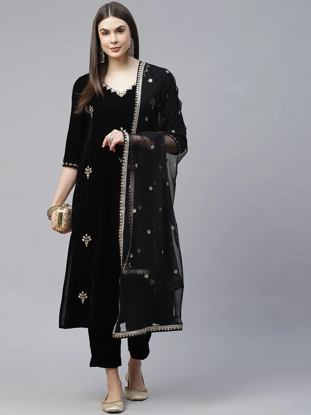 Black Velvet hand work Kurta pant With Net Dupatta set