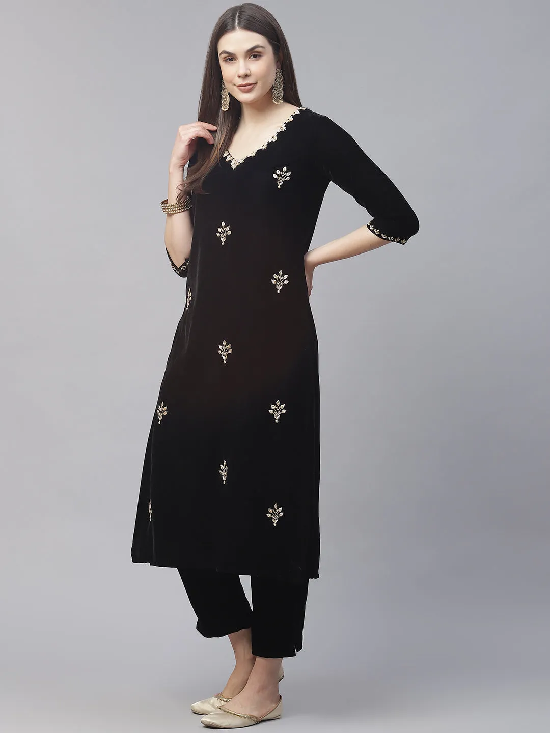 Black Velvet hand work Kurta pant With Net Dupatta set