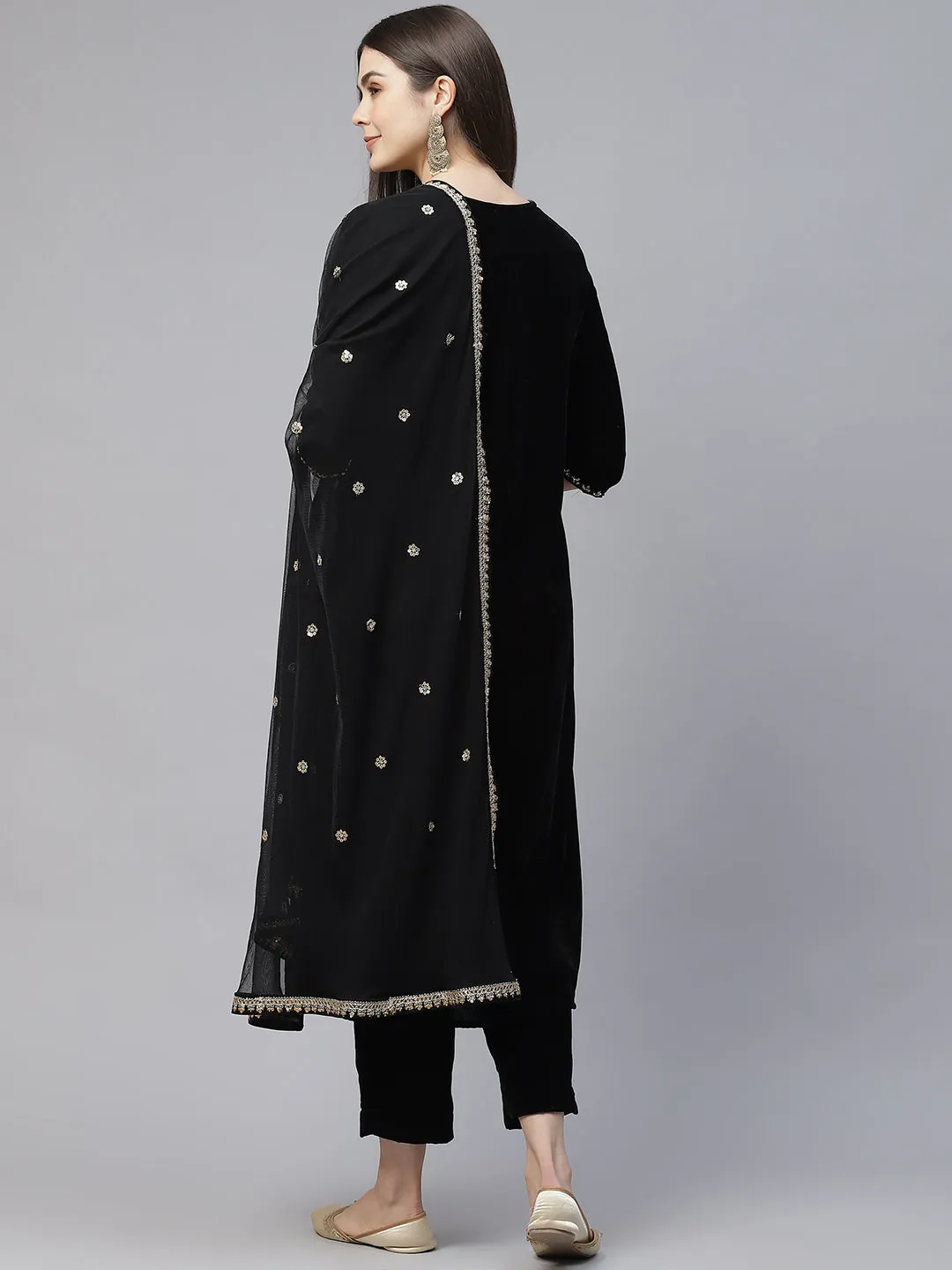 Black Velvet hand work Kurta pant With Net Dupatta set