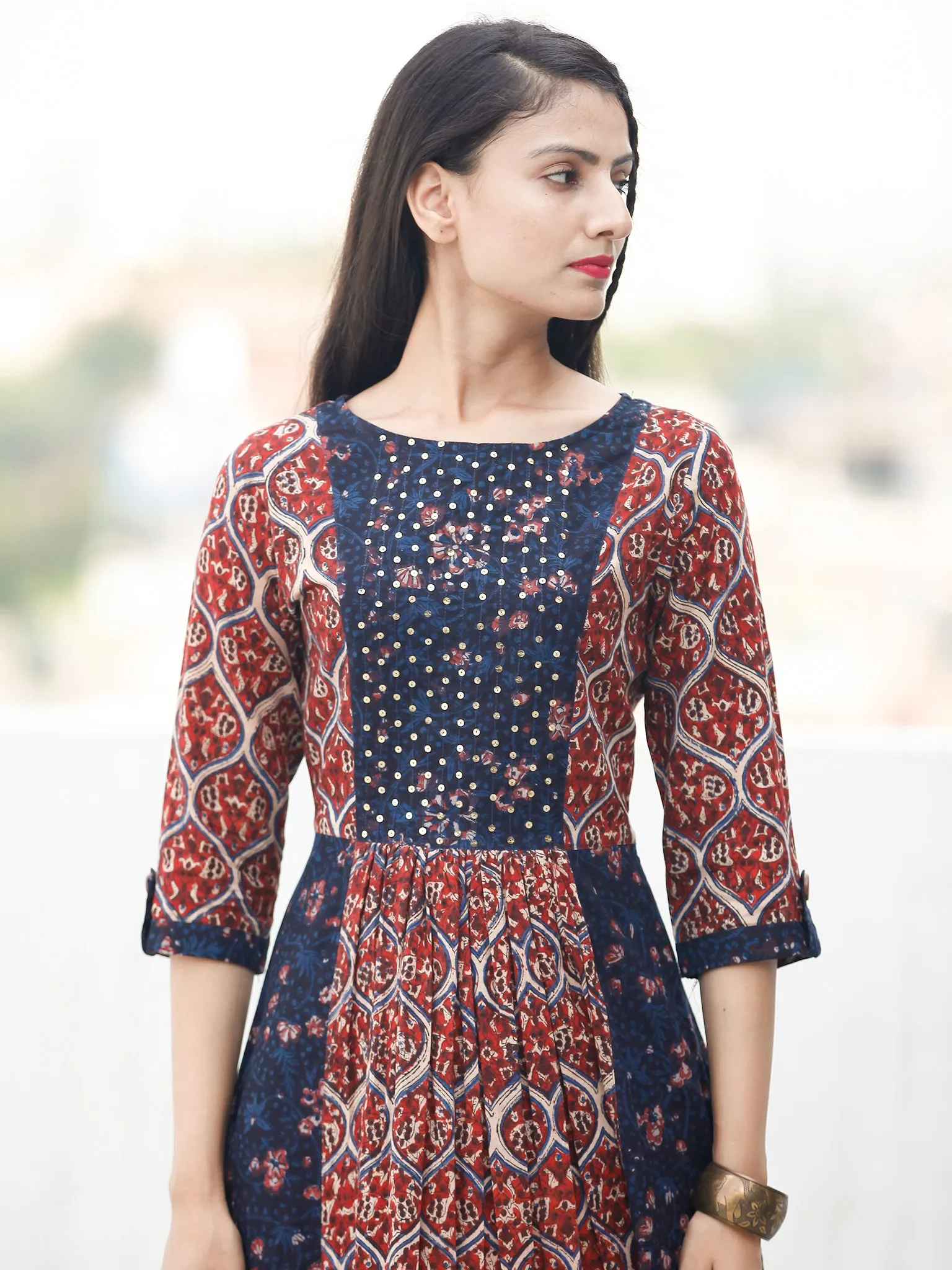 Block Sequence - Hand Block Printed Long Cotton Dress With Embroidery - D349F1807