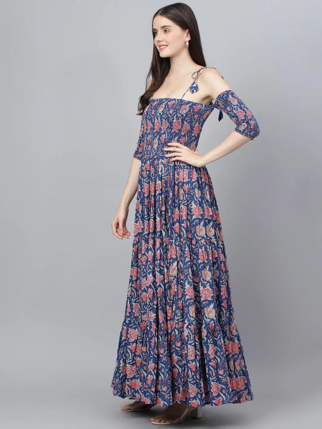 Blue Floral Printed Shoulder Strips Flared Long Dress
