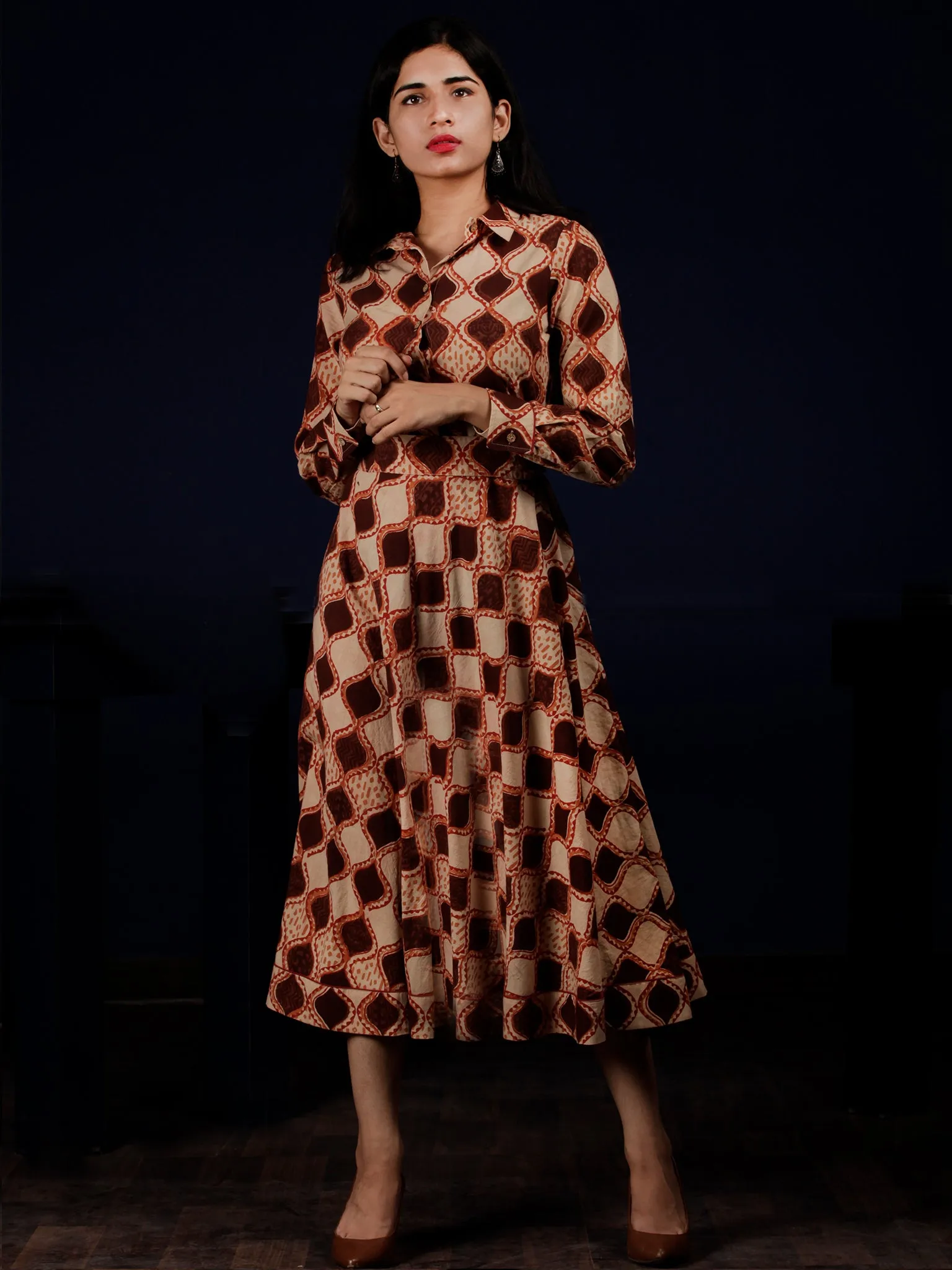 Brown Beige Orange Hand Block Printed Dress With Waist Belt - D229F1311