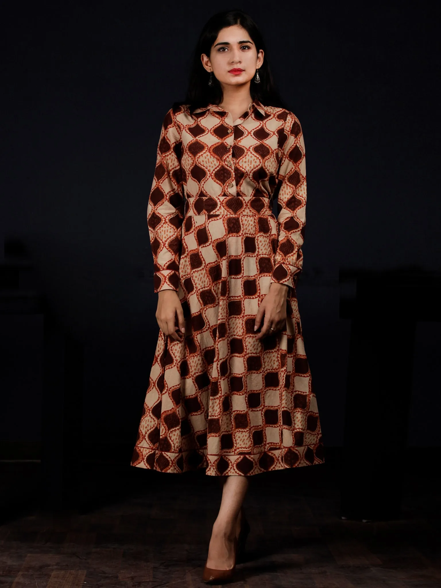 Brown Beige Orange Hand Block Printed Dress With Waist Belt - D229F1311