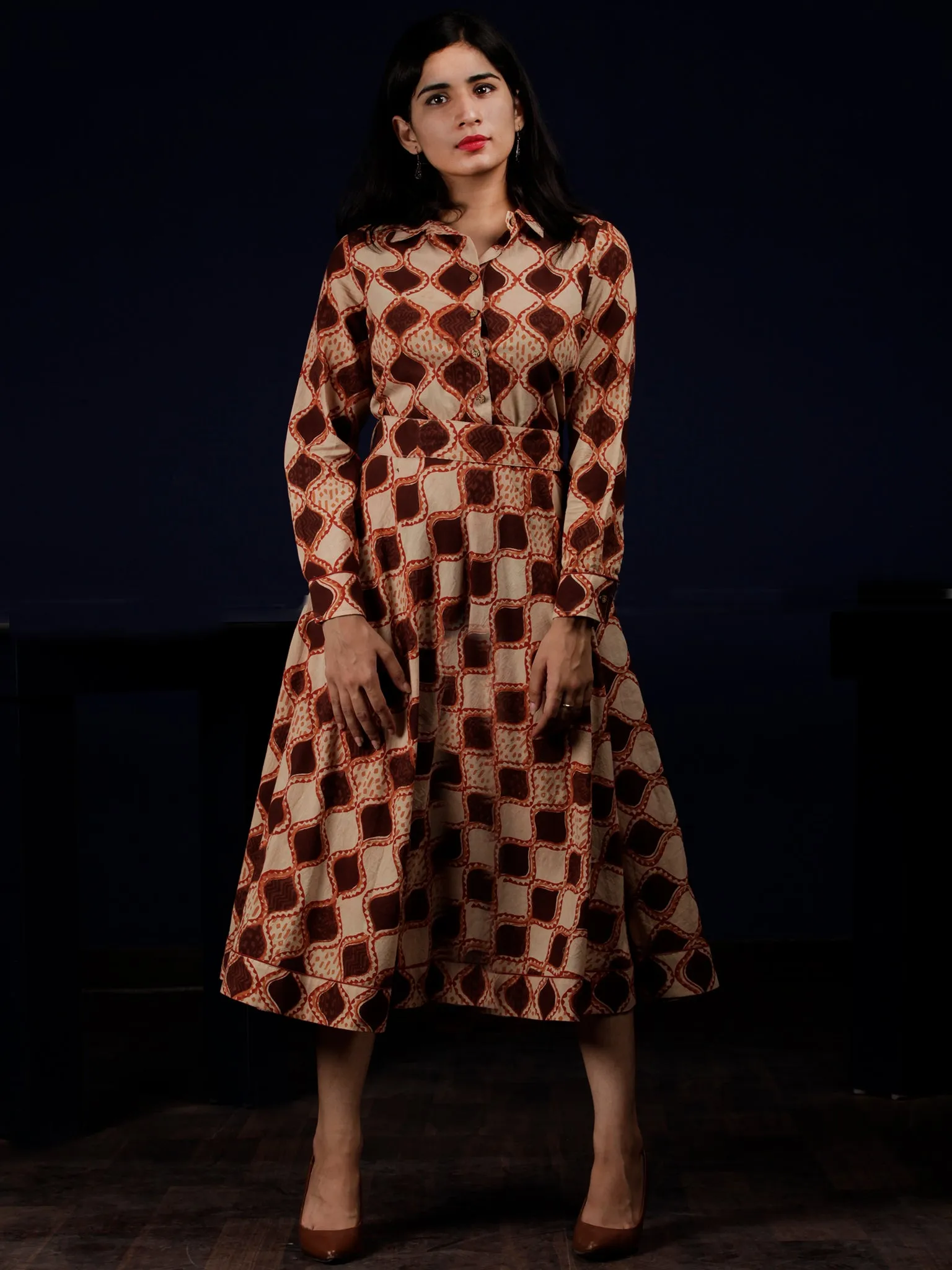 Brown Beige Orange Hand Block Printed Dress With Waist Belt - D229F1311