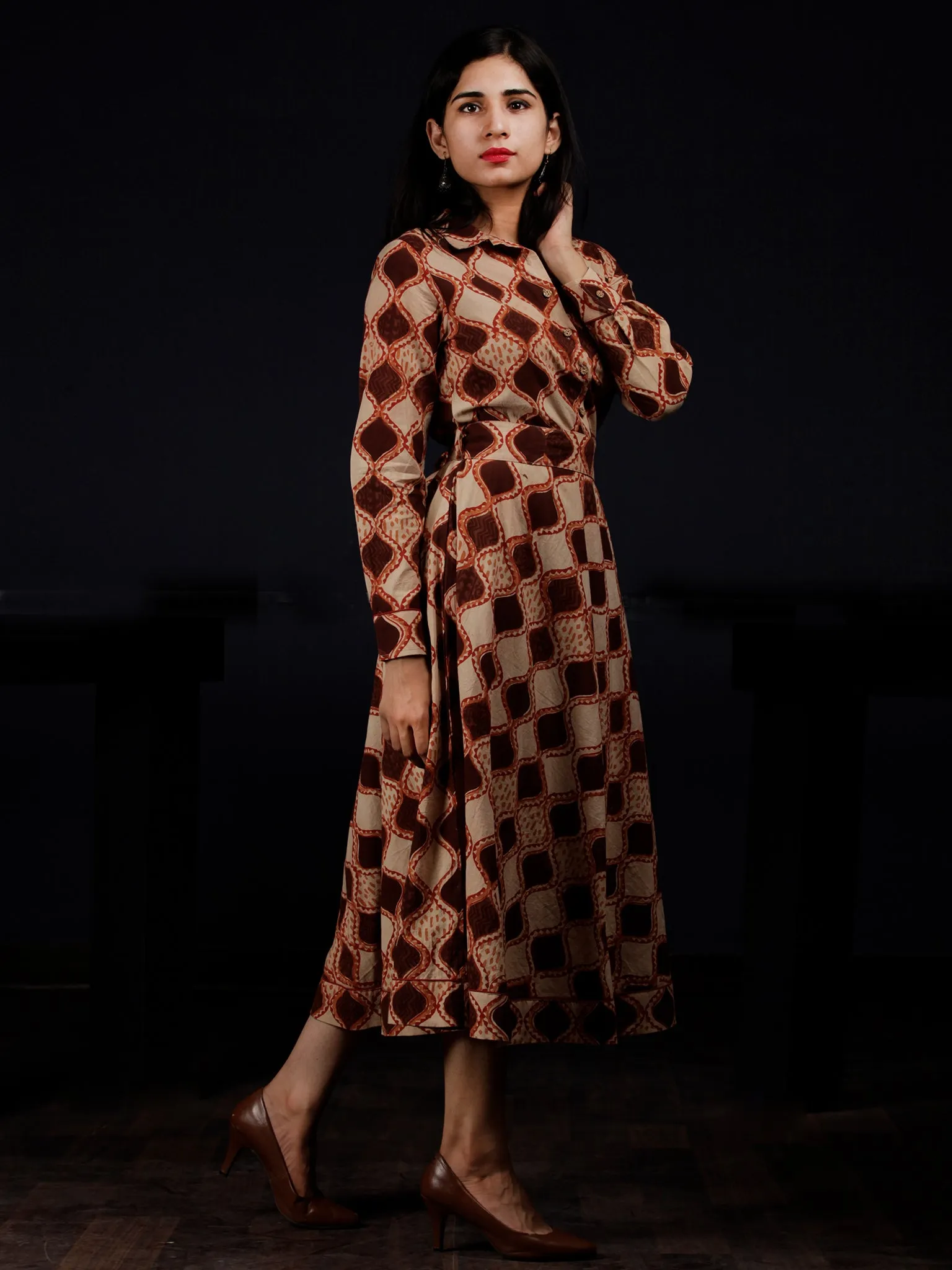 Brown Beige Orange Hand Block Printed Dress With Waist Belt - D229F1311