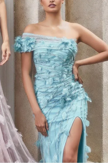 Cerulean Blue Crystal Leaves Asymmetrical Gown