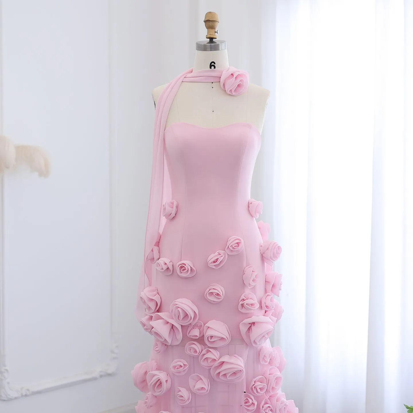 Chic Pink 3D Flowers Strapless Mermaid Evening Dress Side Slit SF009