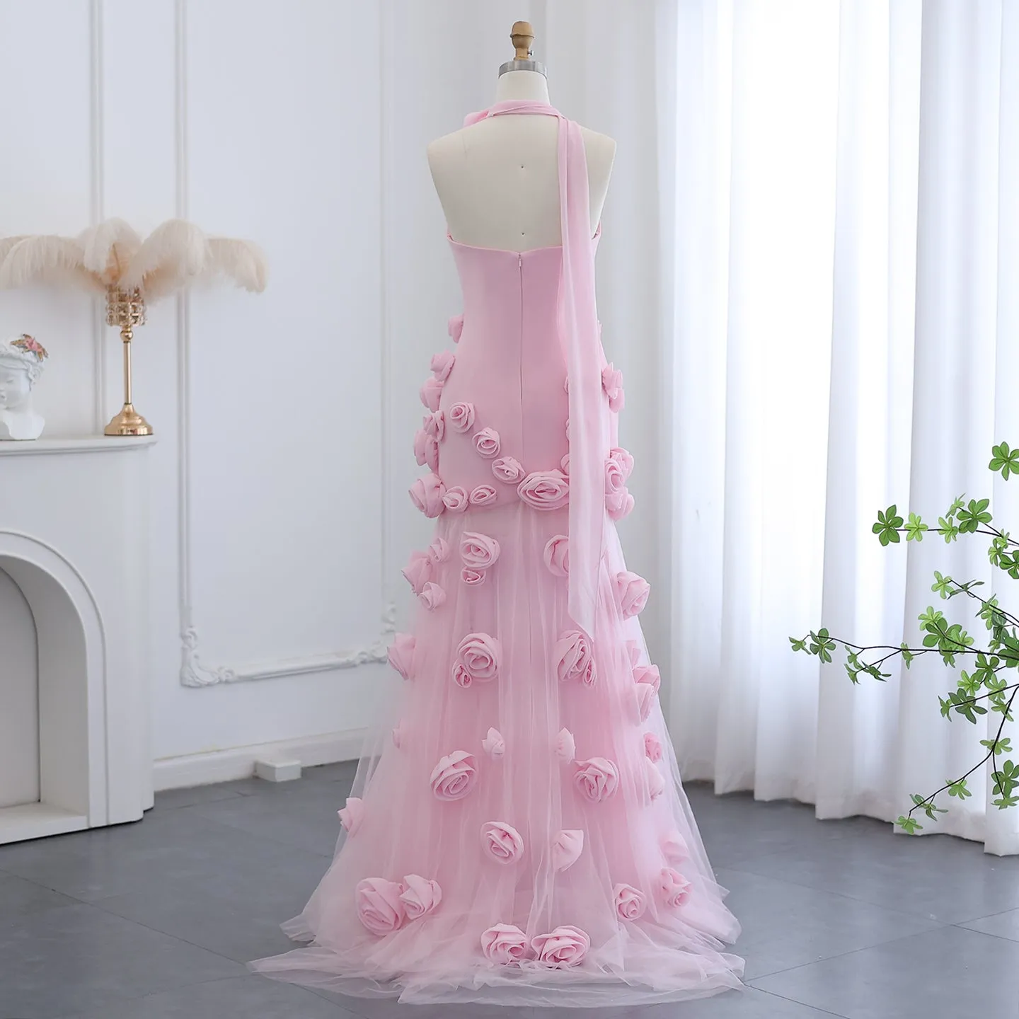 Chic Pink 3D Flowers Strapless Mermaid Evening Dress Side Slit SF009