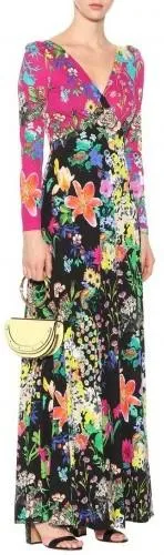 Color-Contrast V-Neck Floral Printed Maxi Dress