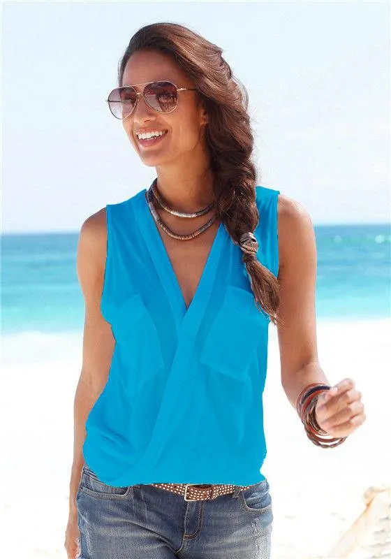 Deep V-neck Sleeveless Strap Cross Sexy Blouse