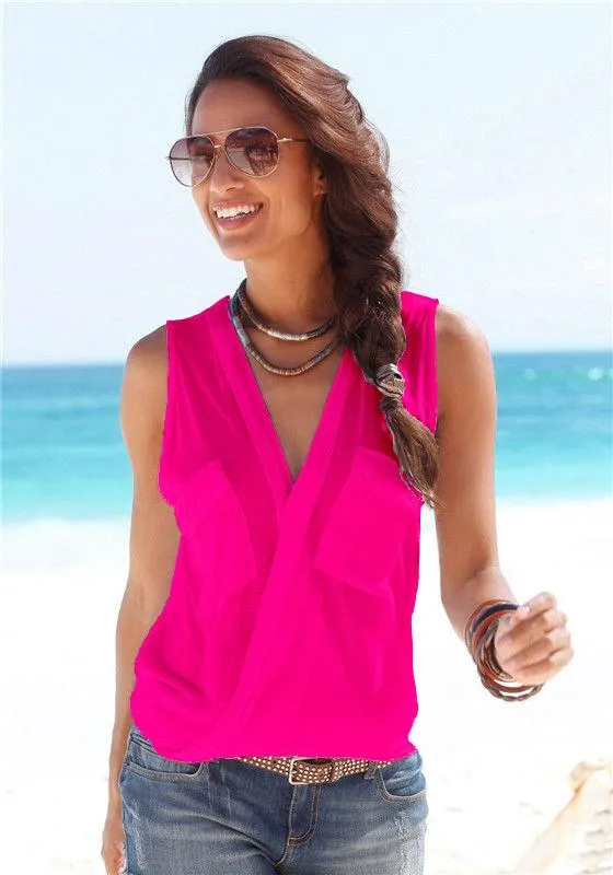 Deep V-neck Sleeveless Strap Cross Sexy Blouse