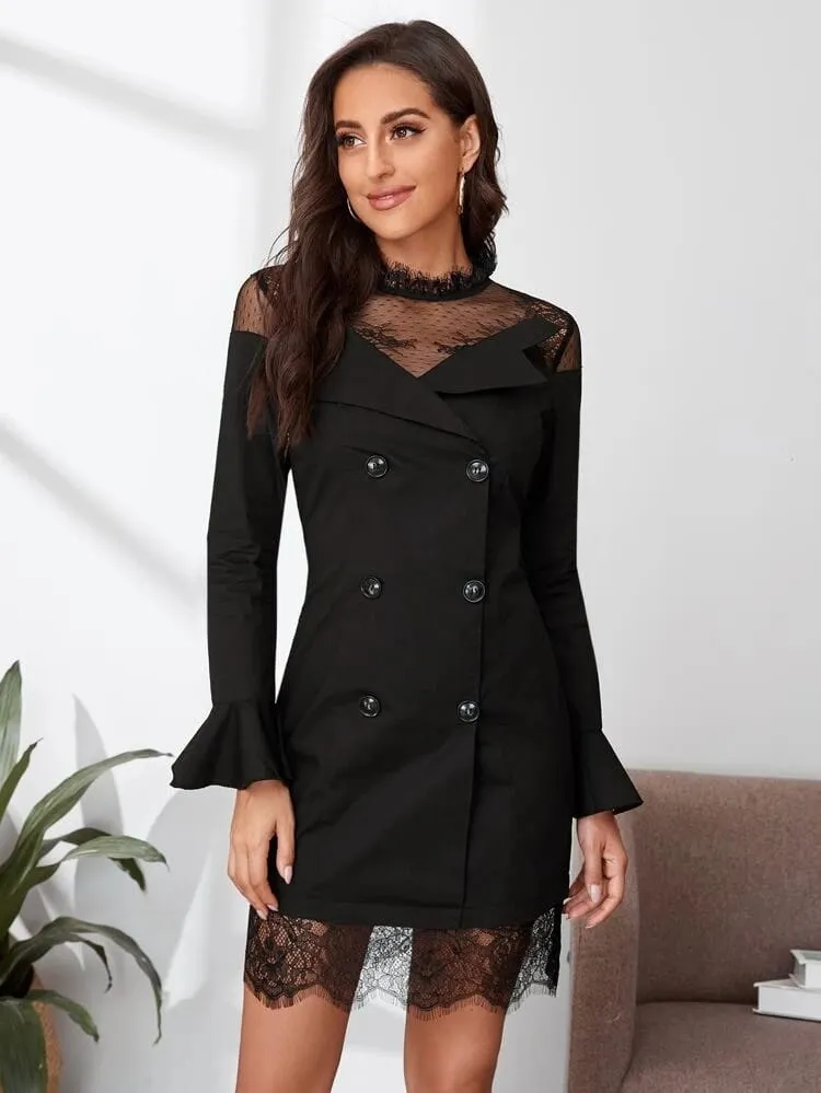 Double Button Flounce Sleeve Lace Yoke Dress