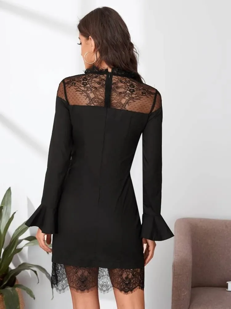 Double Button Flounce Sleeve Lace Yoke Dress