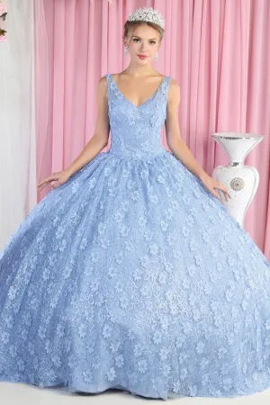 Dusty Blue Sleeveless Floral Embroidery Ballgown