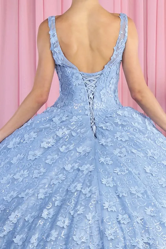 Dusty Blue Sleeveless Floral Embroidery Ballgown