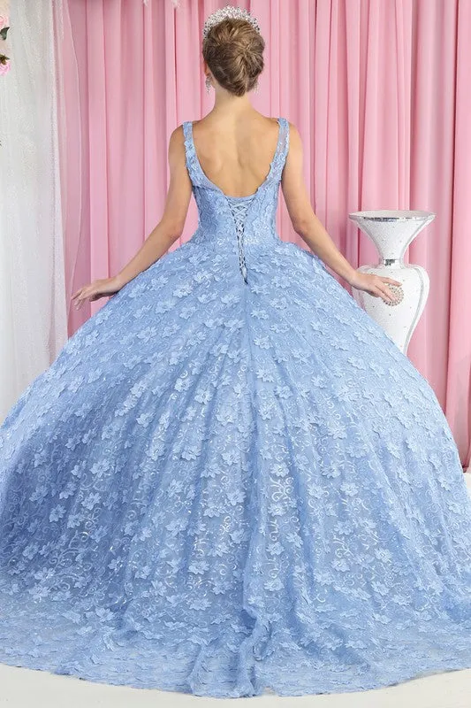 Dusty Blue Sleeveless Floral Embroidery Ballgown