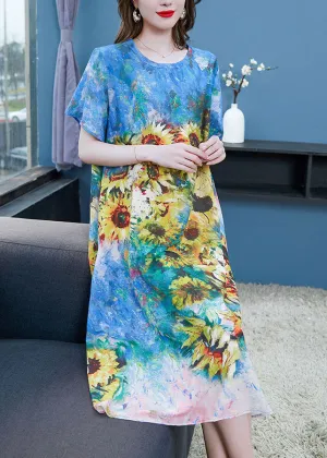 Elegant Blue O Neck The Sunflowers Patchwork Chiffon Dresses Summer LY7719