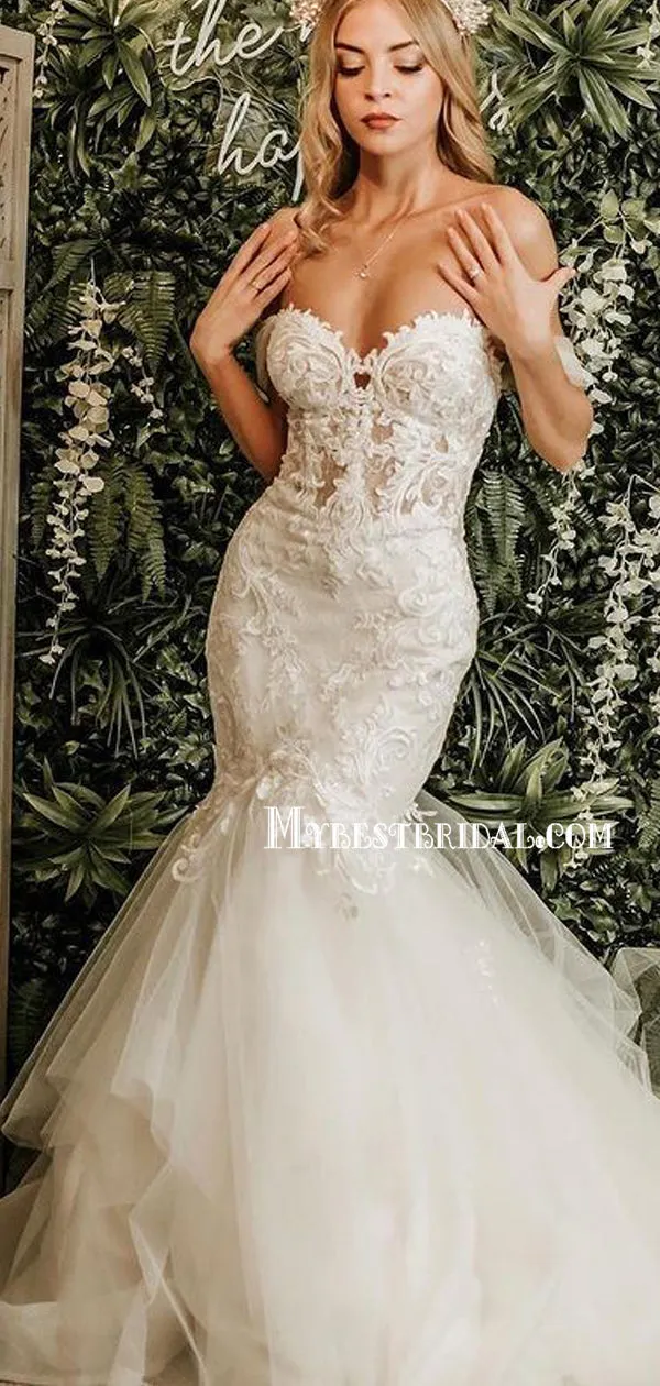 Elegant Sweetheart Sleeveless Mermaid Cheap Lace Wedding Dresses, TYP0015